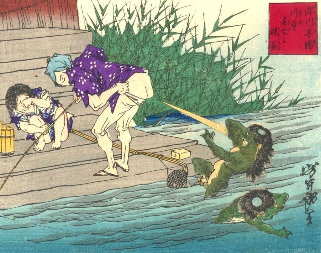Defensa contra el kappa. Yoshitoshi Tuskioka, siglo XIX